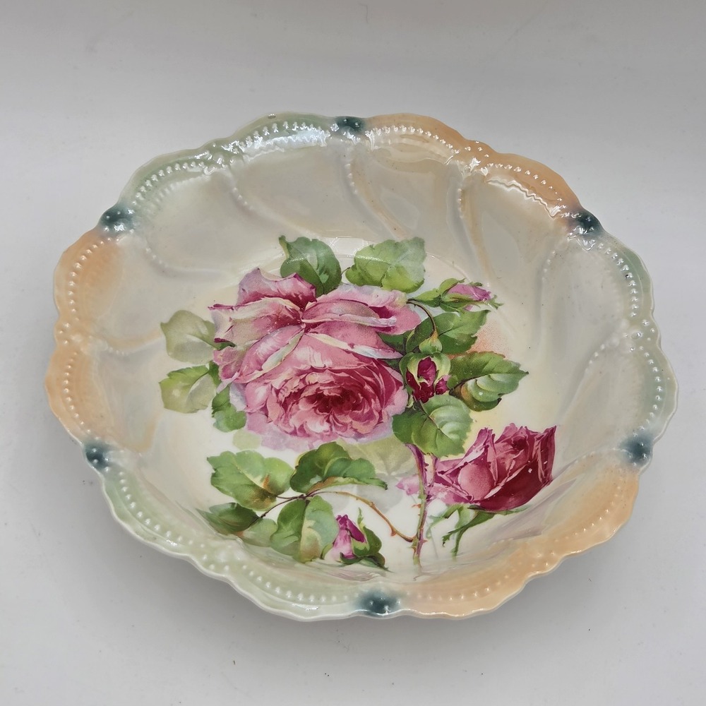 Antique Leuchtenburg Germany  Bowl Roses Scalloped Embossed Rim 9"